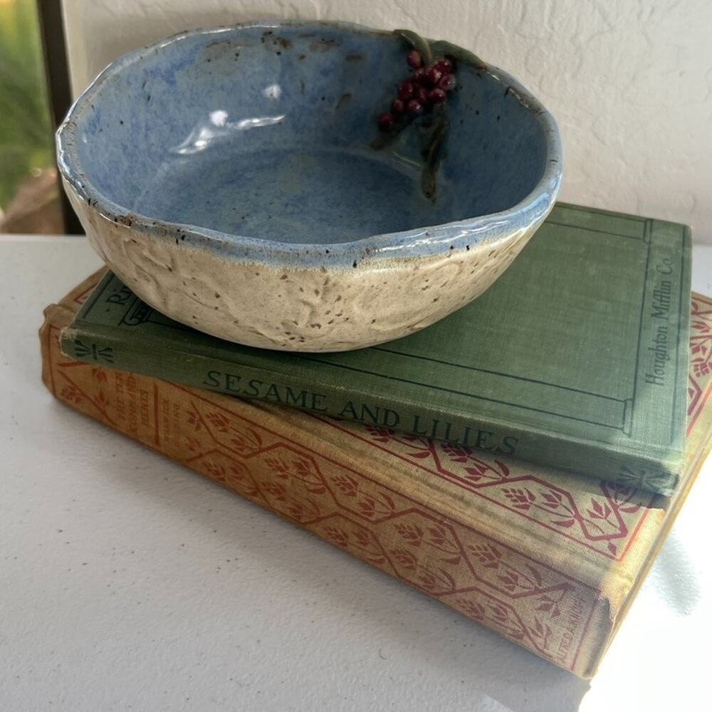 Handcrafted Bowl With 3D Grapes 6" Blue and Beige Stoneware Pottery Signed Jann